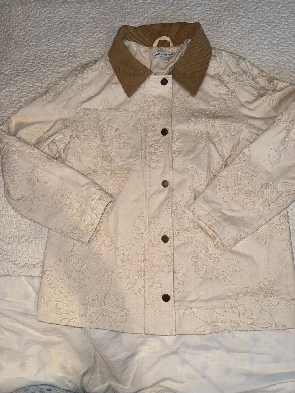 And Now This Hand-Embroidered Cream Barn Jacket with Tan Corduroy Collar